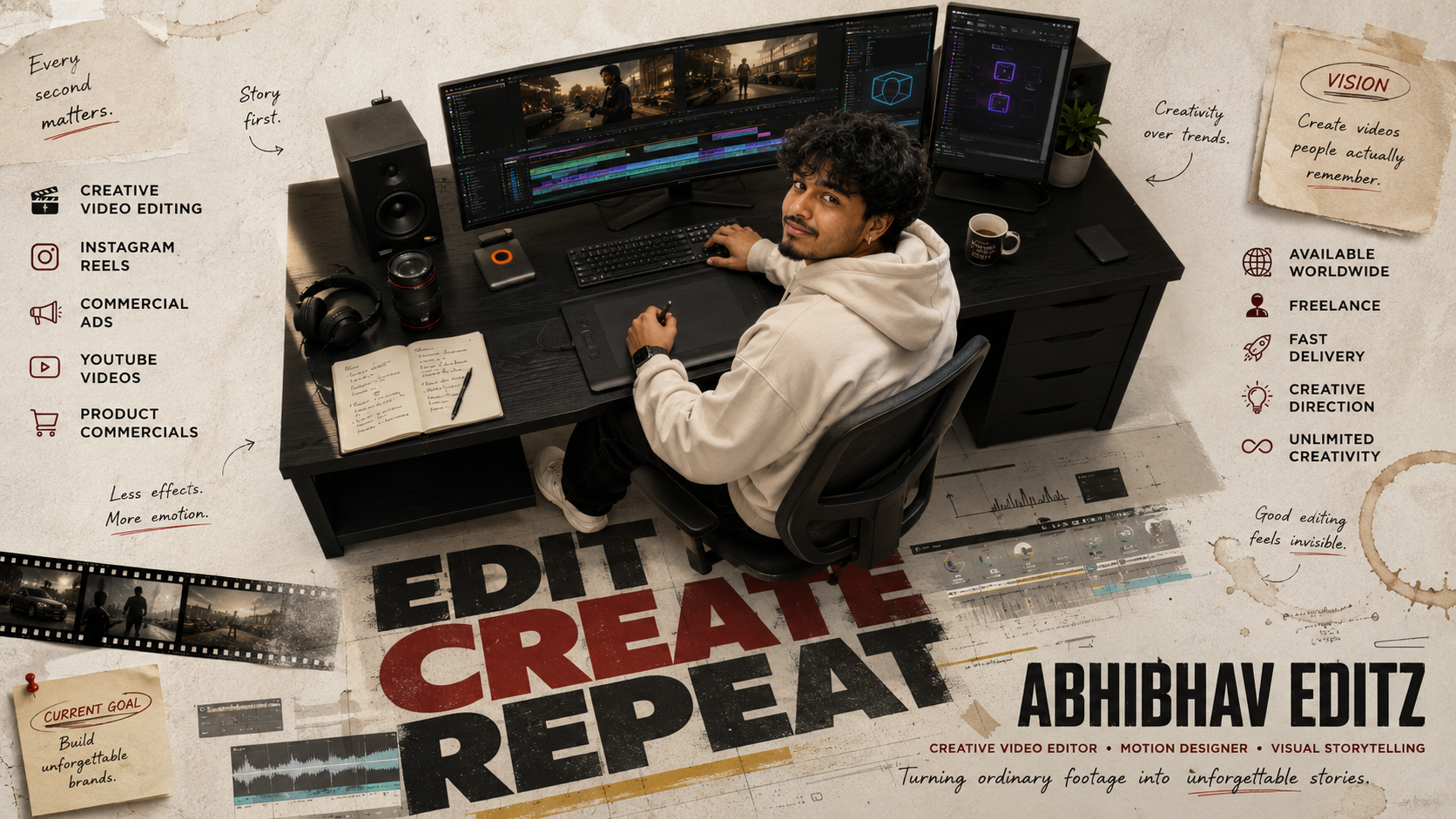 Post-production edit suite layout featuring multiple screens and color grading workspace
