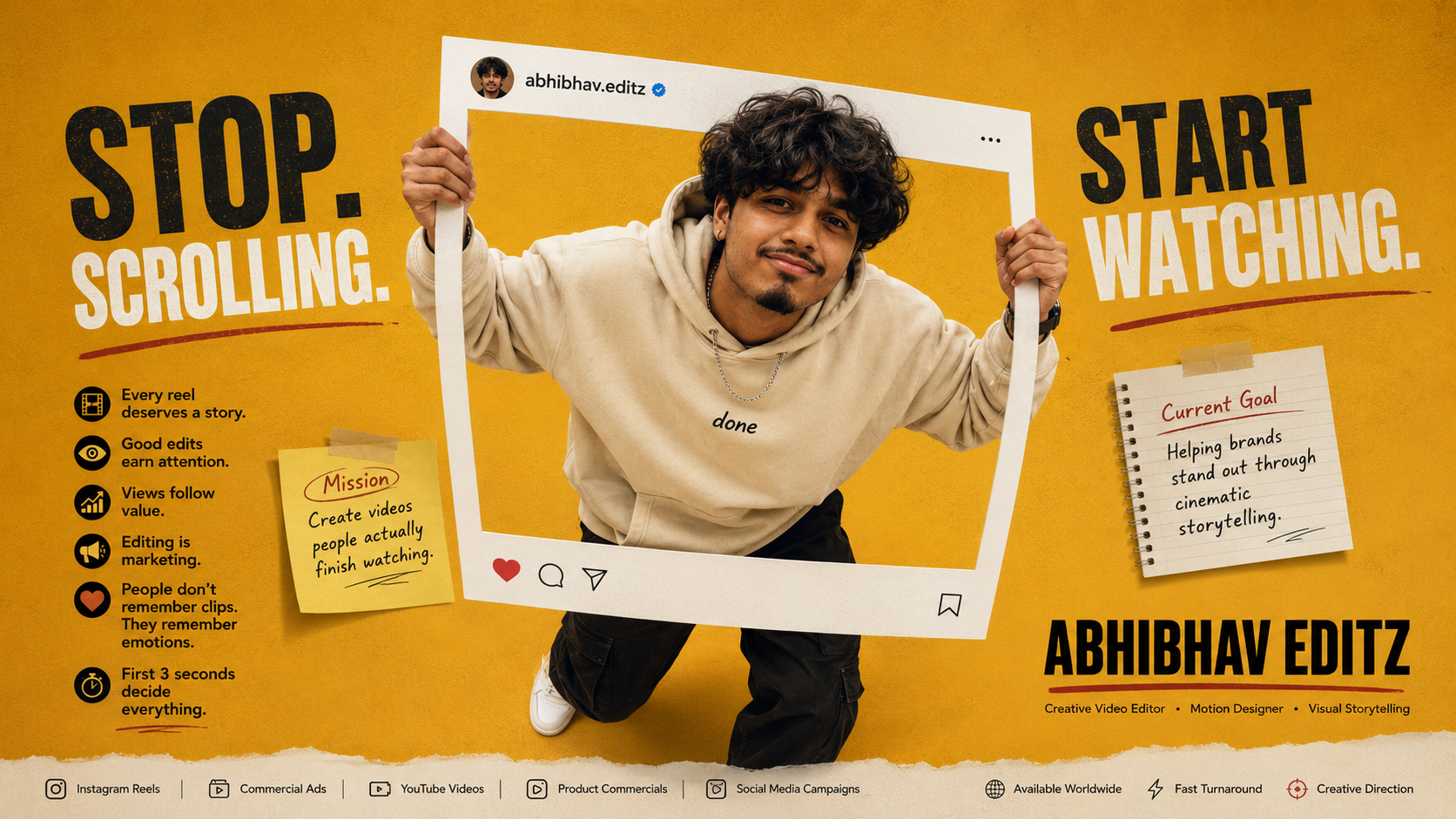 Instagram style mockup of editor holding a camera frame against a yellow backdrop