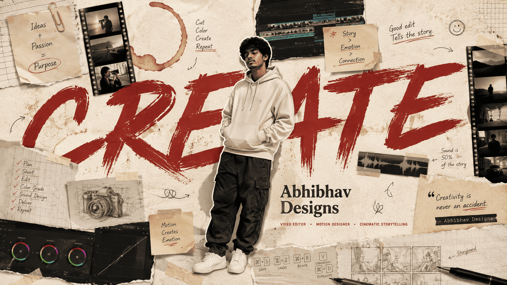 Abhibhav Designs Collage featuring portrait of Abhi standing inside bold painted typography, surrounded by film reels and design storyboards