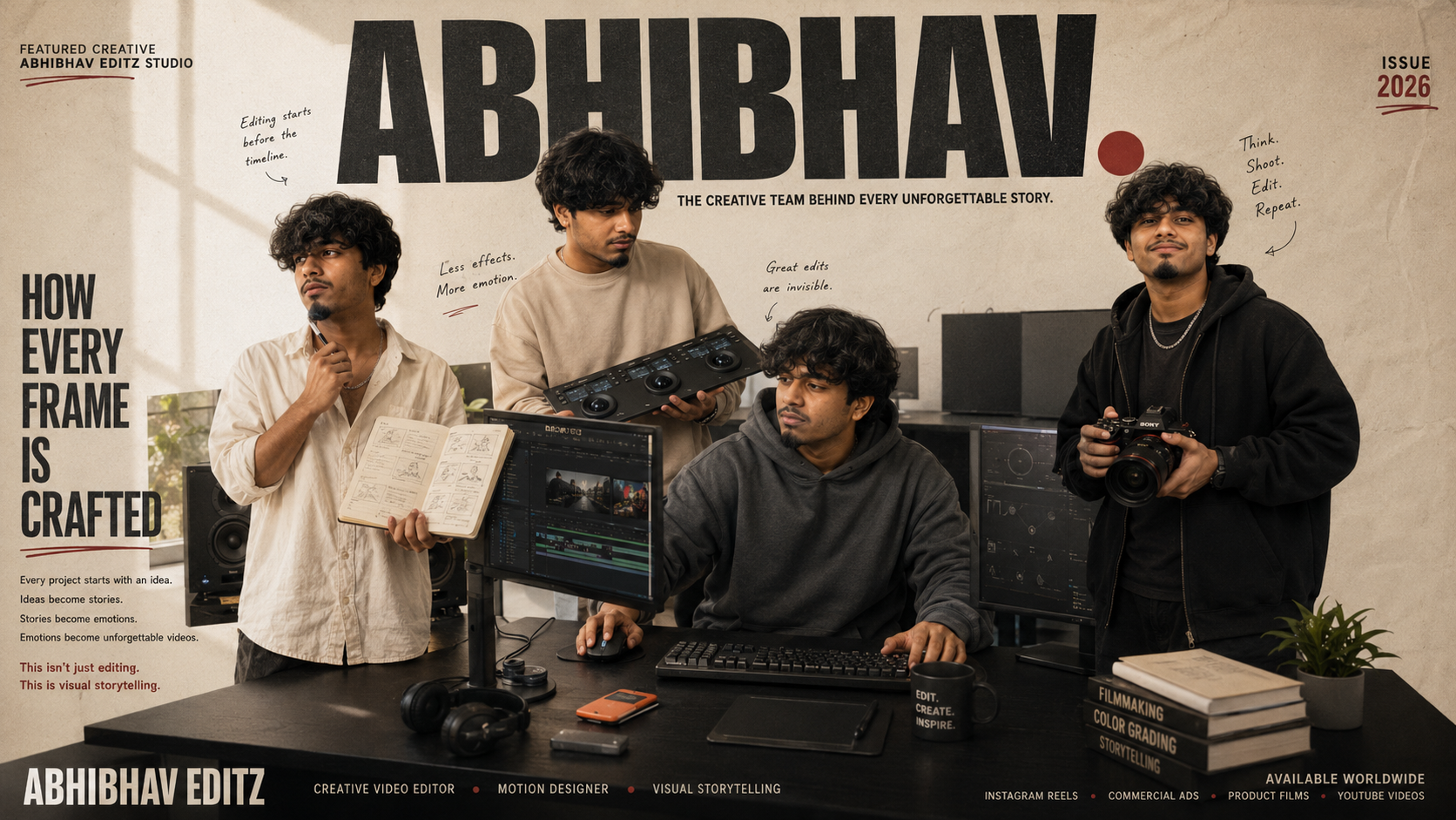 Abhibhav Editz magazine cover design featuring the editing crew and cameras
